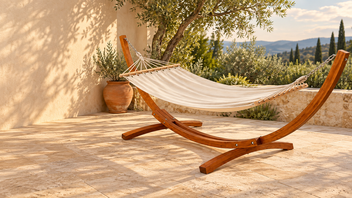 Hamac écru sur support en bois courbé sur une terrasse de détente Image