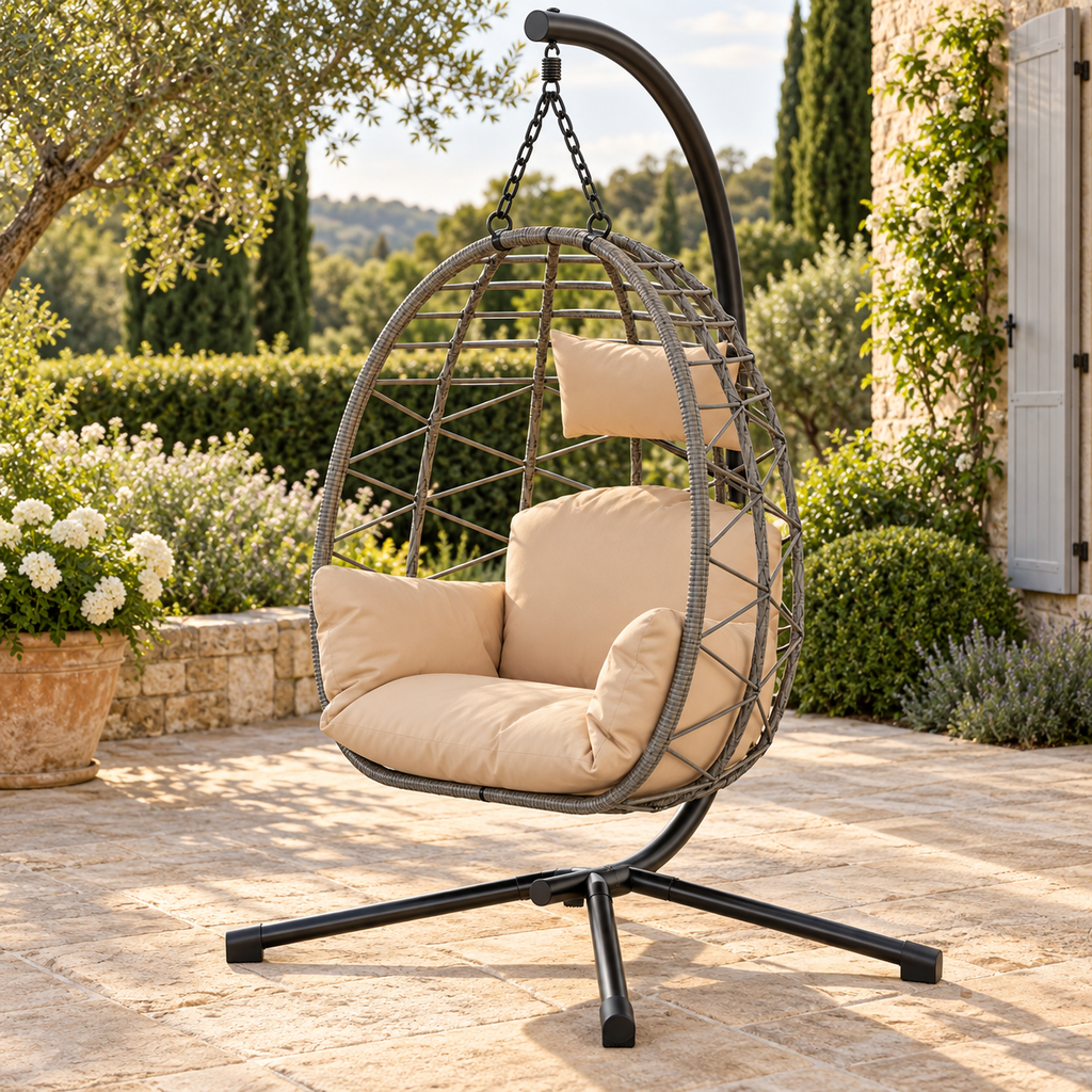 Fauteuil suspendu gris et beige, vue de trois quarts sur une terrasse