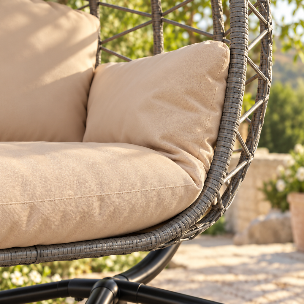 Détail des coutures du coussin beige et du tressage gris du fauteuil suspendu