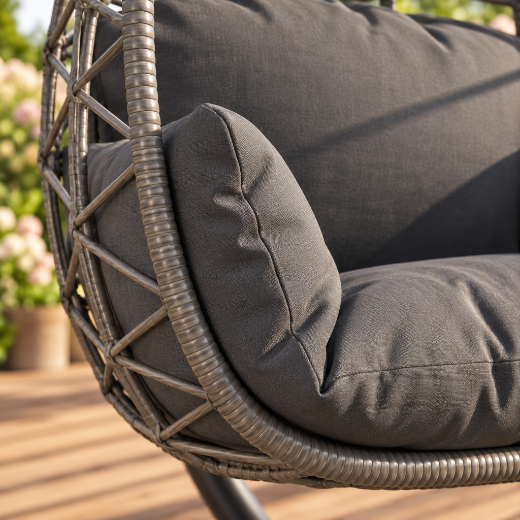 Détail des coutures du coussin anthracite et du tressage gris du fauteuil suspendu