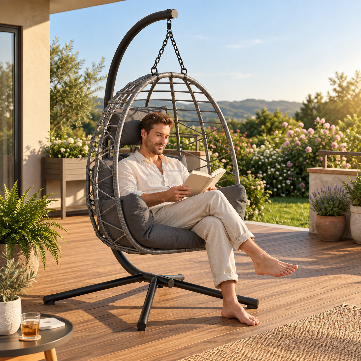 Personne lisant dans un fauteuil suspendu gris à coussins anthracite sur une terrasse en bois