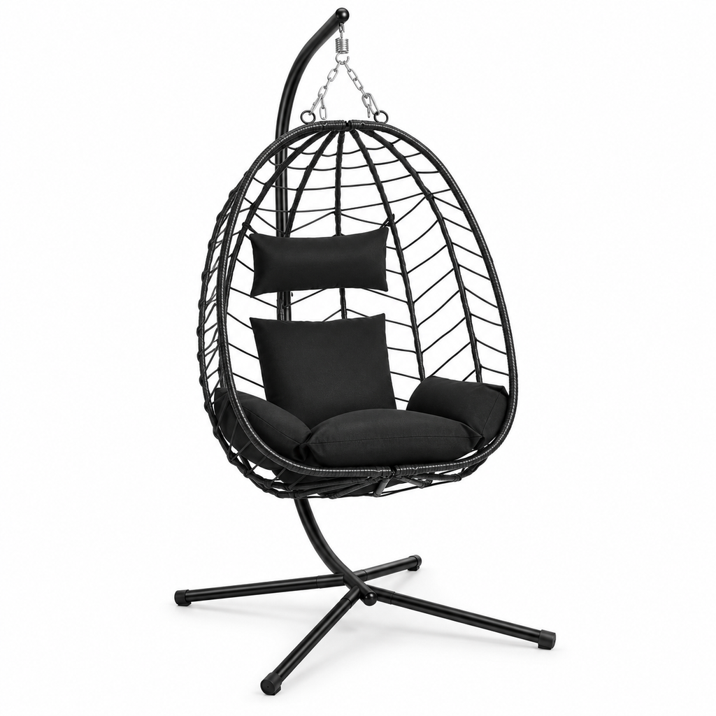 Fauteuil œuf en rotin noir avec coussins anthracite, appui-tête et pied noir sur fond blanc
