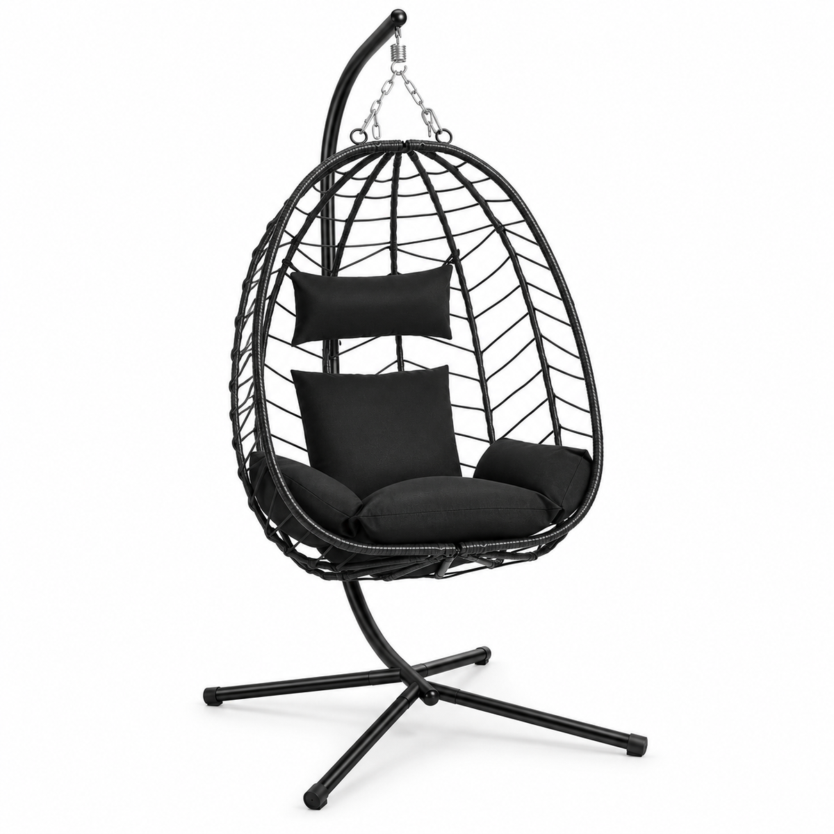Fauteuil œuf en rotin noir avec coussins anthracite, appui-tête et pied noir sur fond blanc