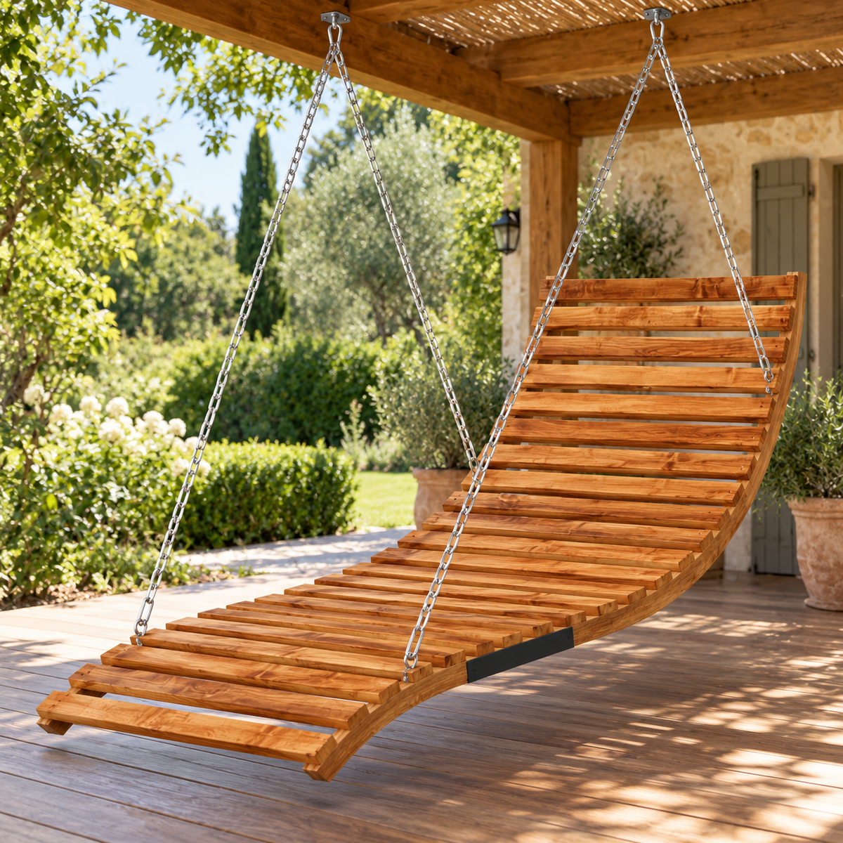 Chaise longue en bois courbé suspendue sous une véranda, vue de trois quarts