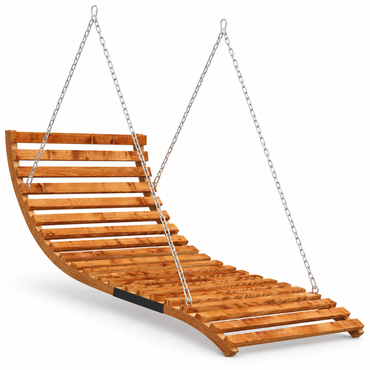 Chaise longue suspendue à lattes de bois courbé teinte teck, avec chaînes, sur fond blanc