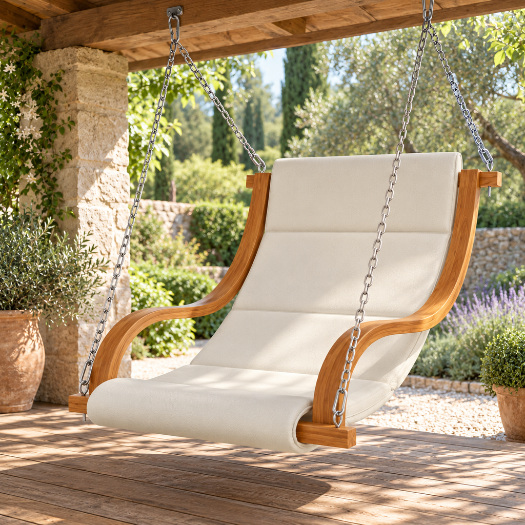 Fauteuil suspendu en bois courbé à coussin crème, angle complémentaire sous une véranda