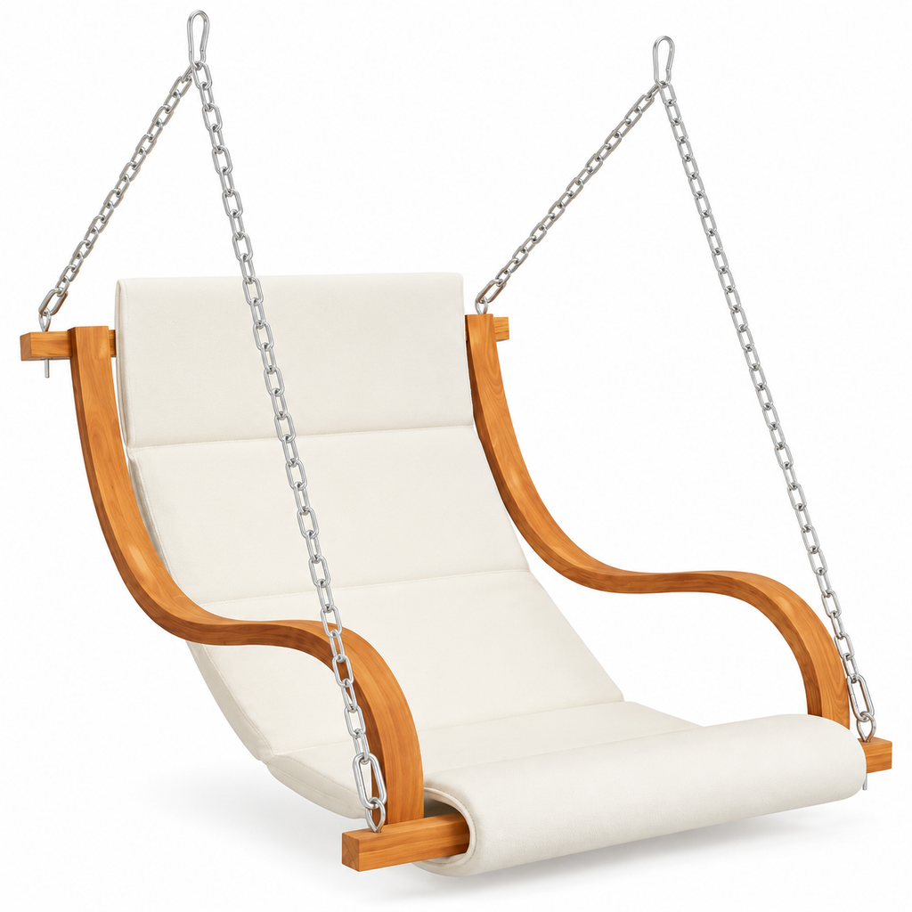 Fauteuil suspendu en bois courbé avec coussin crème et chaînes, sur fond blanc