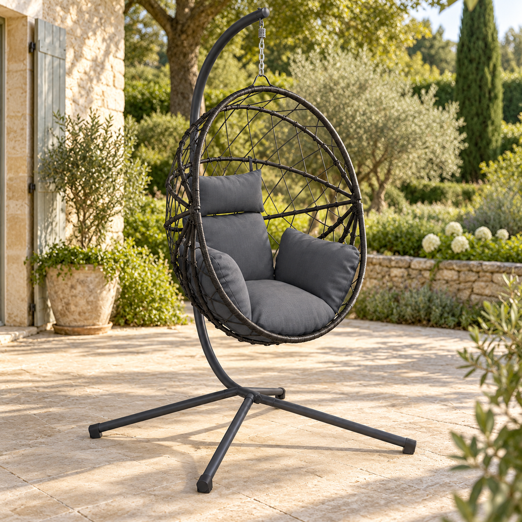 Fauteuil œuf sur pied en rotin foncé avec coussins anthracite vue sous un autre angle