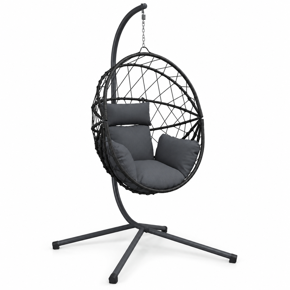 Fauteuil œuf sur pied en rotin foncé avec coussins anthracite sur fond blanc