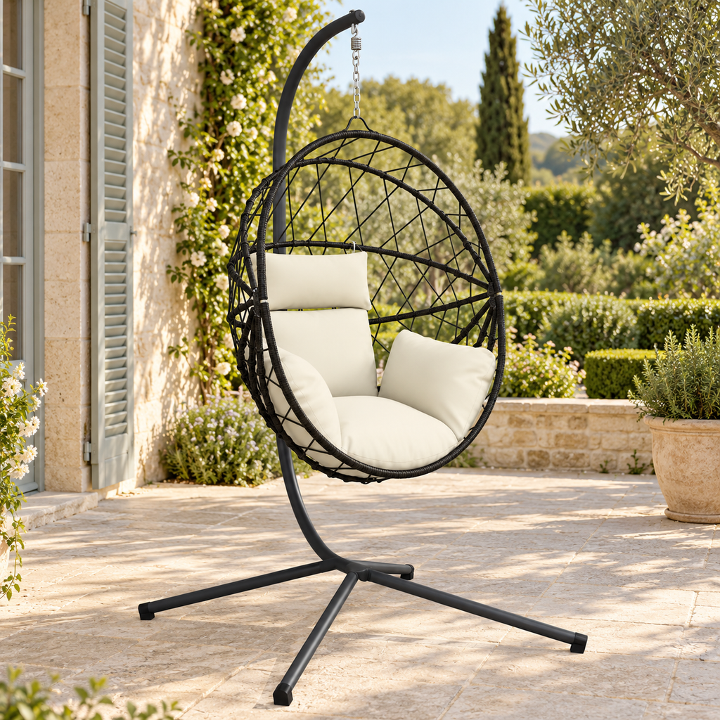 Fauteuil œuf sur pied en rotin foncé avec coussins crème vue sous un autre angle