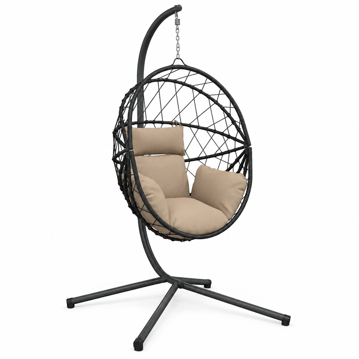 Fauteuil œuf sur pied en rotin foncé avec coussins taupe sur fond blanc