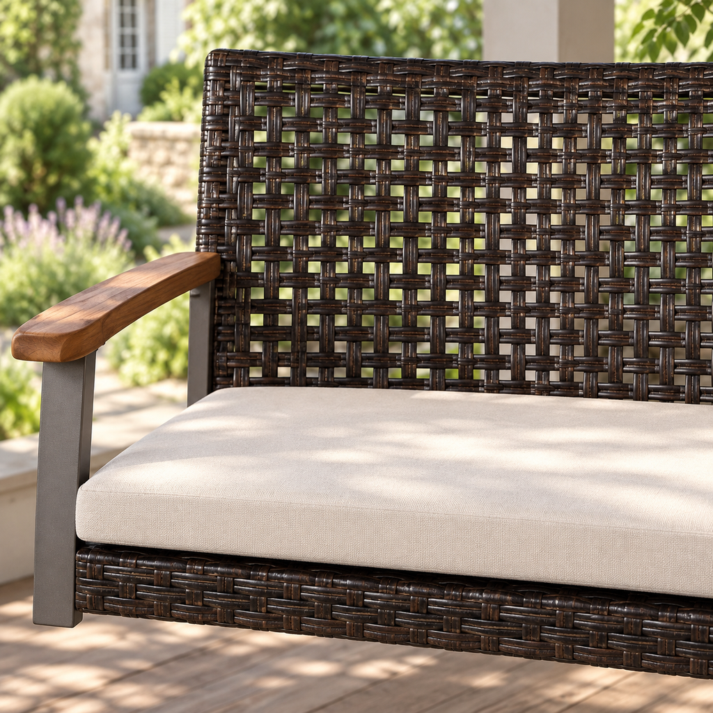Détail des matières et des coussins de la balancelle suspendue en résine brune avec coussin écru