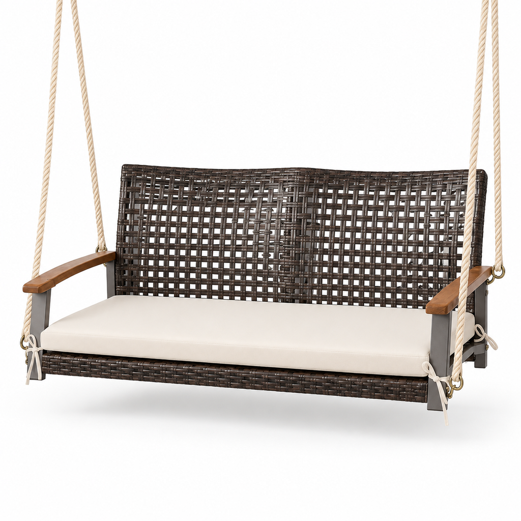 Balancelle suspendue en résine brune avec coussin écru sur fond blanc