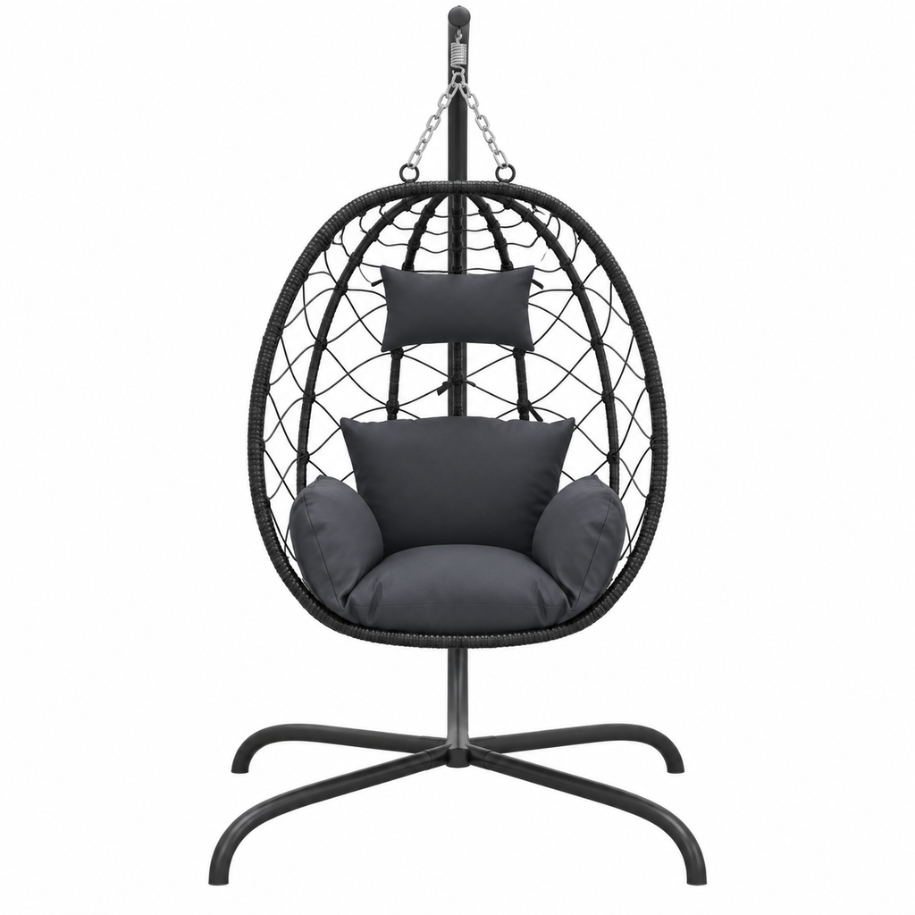 Fauteuil œuf noir sur pied avec coussins anthracite vue de face