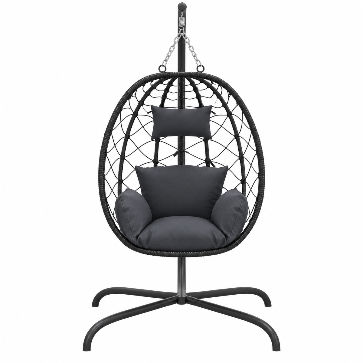 Fauteuil œuf noir sur pied avec coussins anthracite vue de face