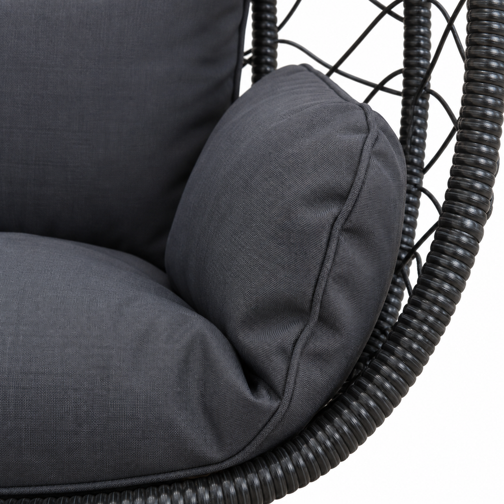 Détail des matières de fauteuil œuf noir sur pied avec coussins anthracite