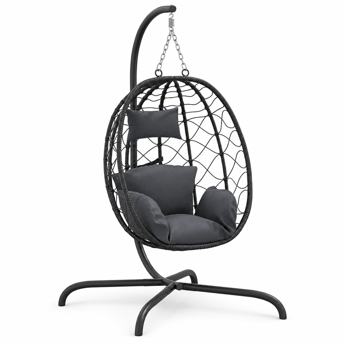 Fauteuil œuf noir sur pied avec coussins anthracite sur fond blanc