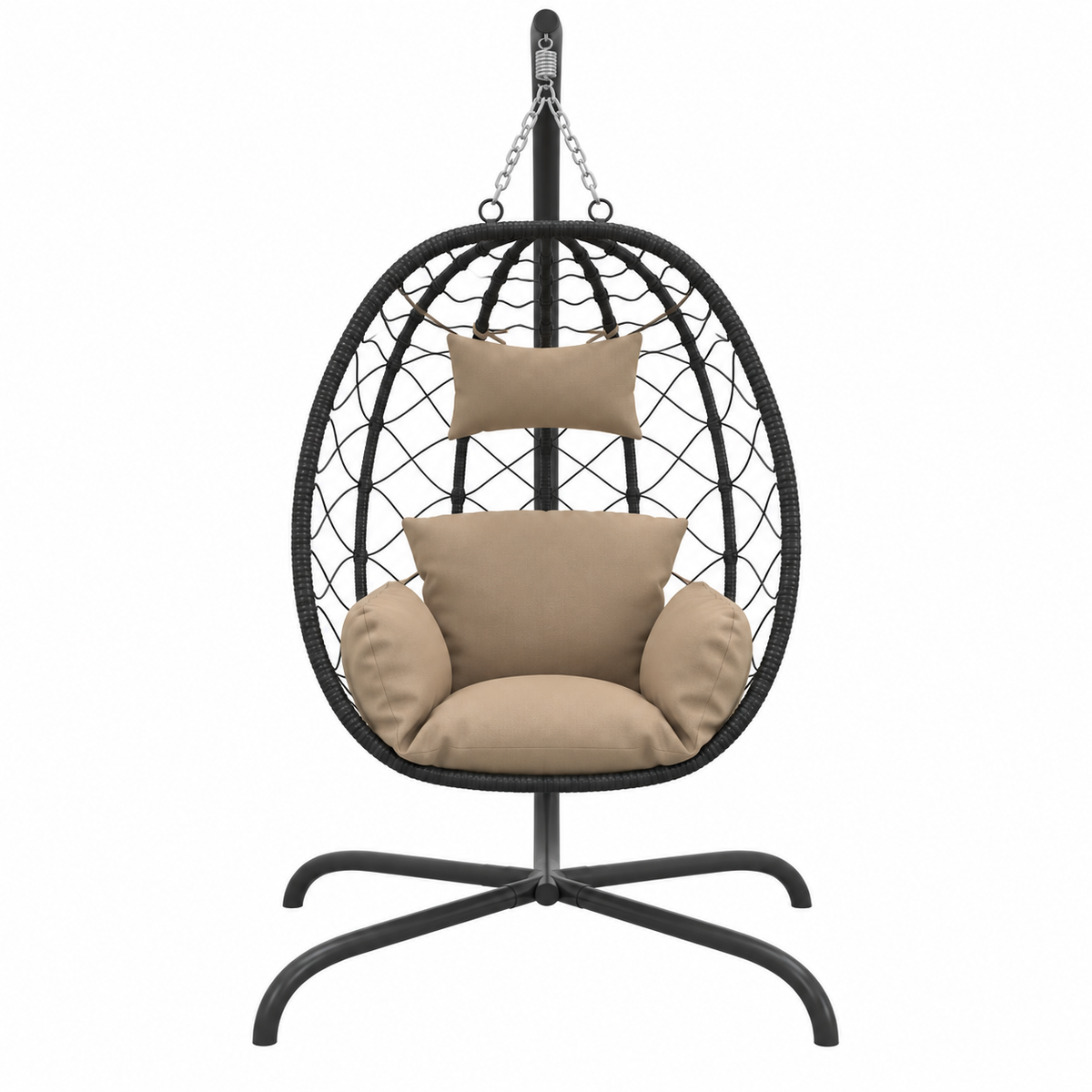 Fauteuil œuf noir sur pied avec coussins taupe vue de face