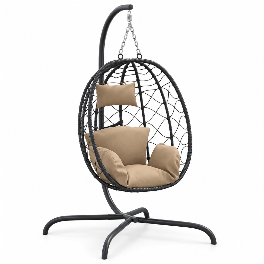 Fauteuil œuf noir sur pied avec coussins taupe sur fond blanc