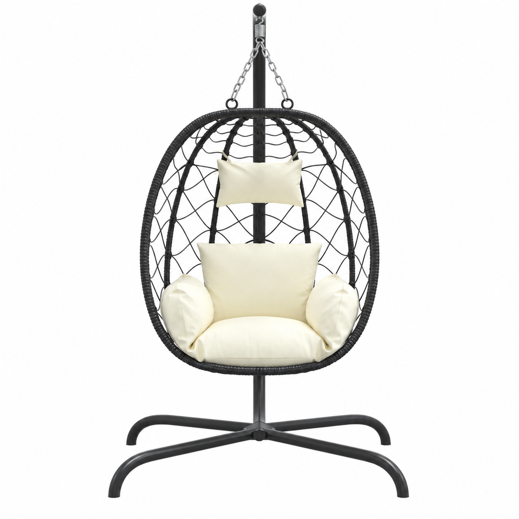 Fauteuil œuf noir sur pied avec coussins blanc cassé vue de face