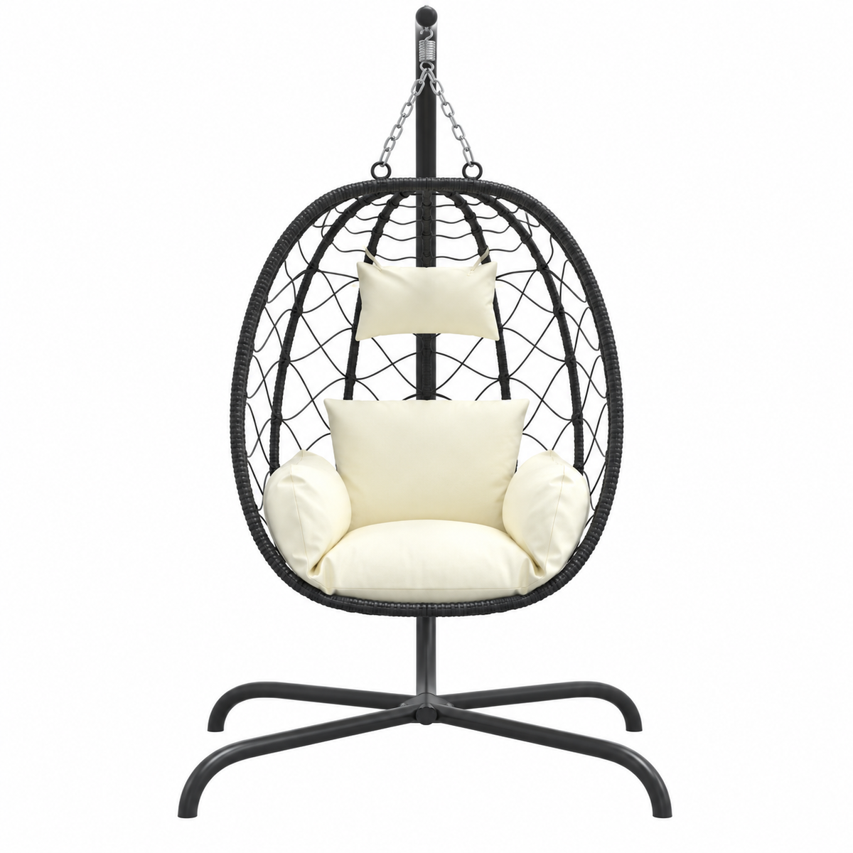 Fauteuil œuf noir sur pied avec coussins blanc cassé vue de face