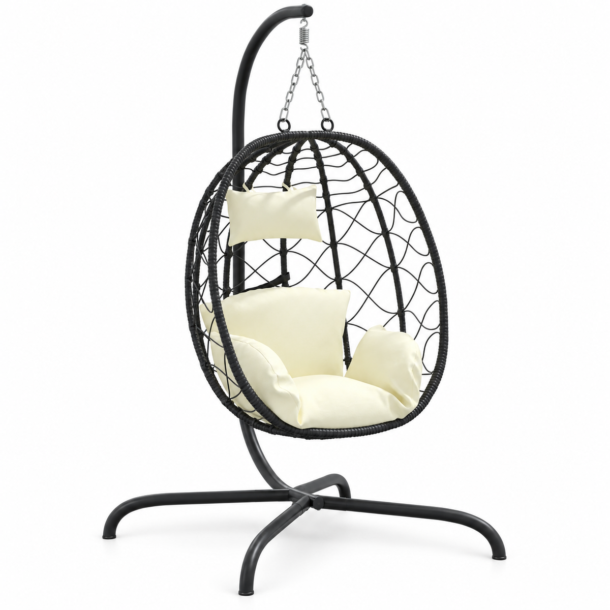 Fauteuil œuf noir sur pied avec coussins blanc cassé sur fond blanc
