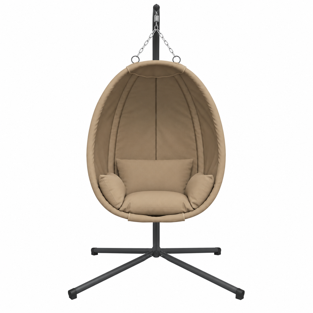 Fauteuil œuf en tissu taupe sur pied noir vue de face
