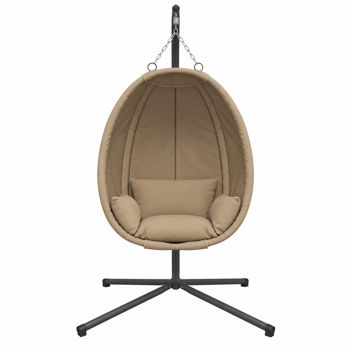 Fauteuil œuf en tissu taupe sur pied noir vue de face
