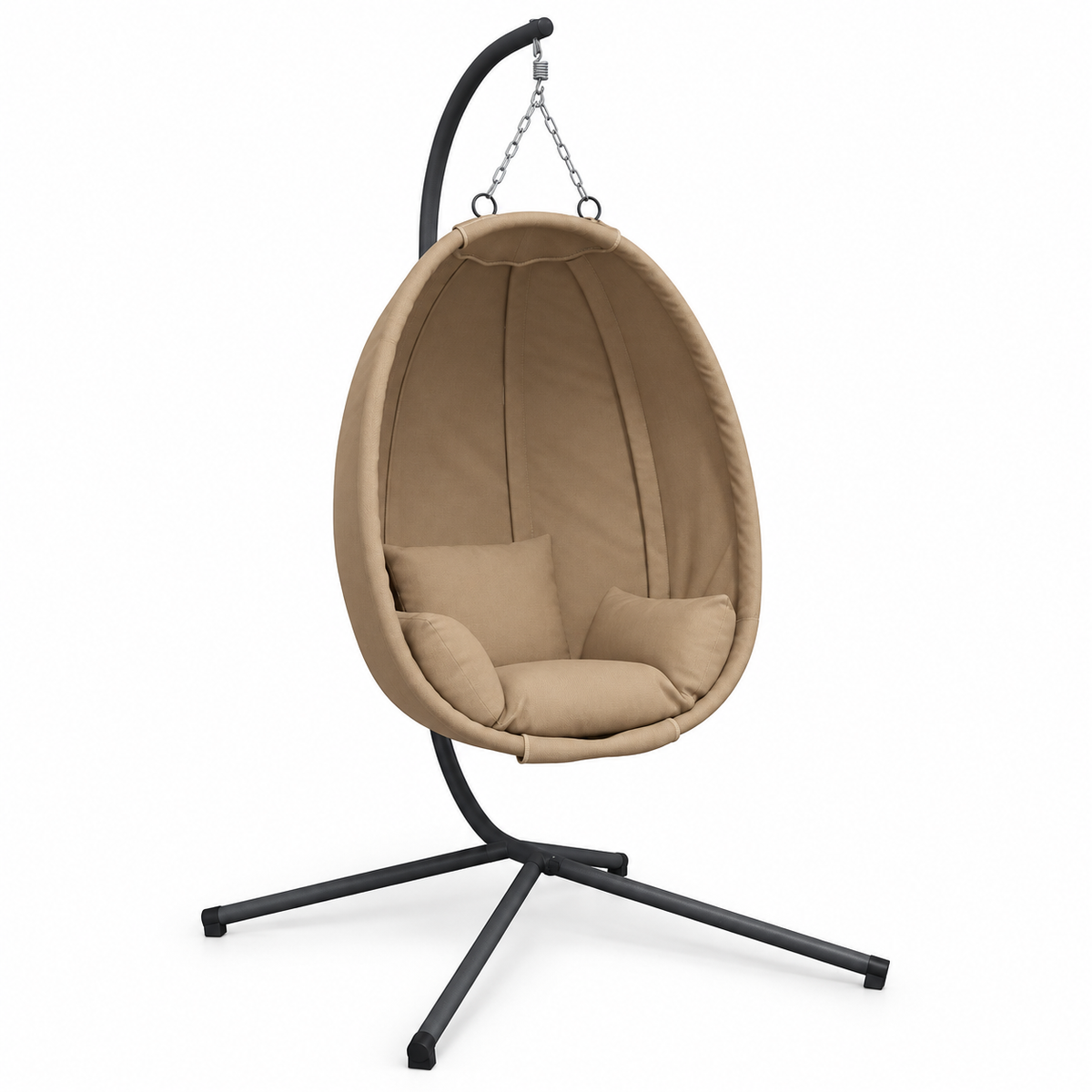 Fauteuil œuf en tissu taupe sur pied noir sur fond blanc