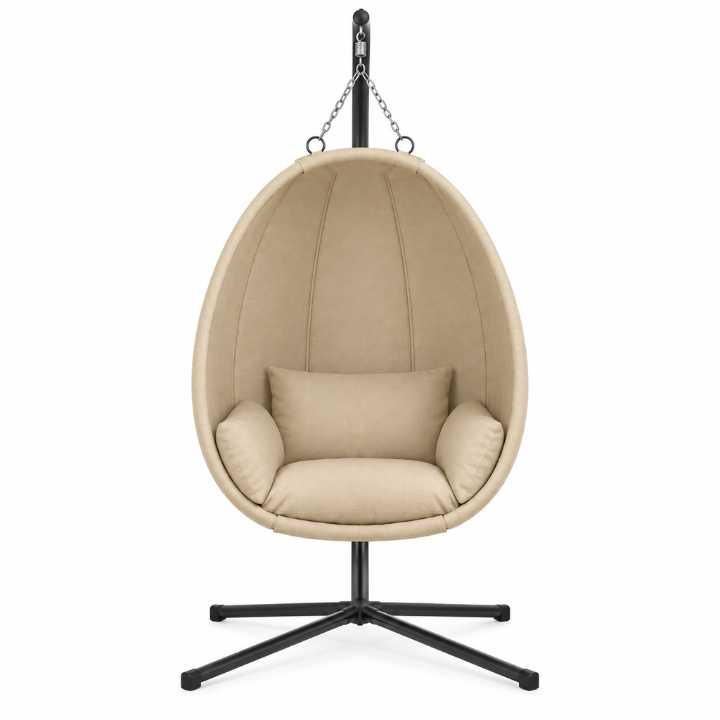 Fauteuil œuf en tissu beige sur pied noir vue de face