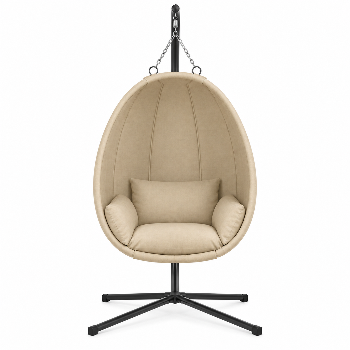 Fauteuil œuf en tissu beige sur pied noir vue de face