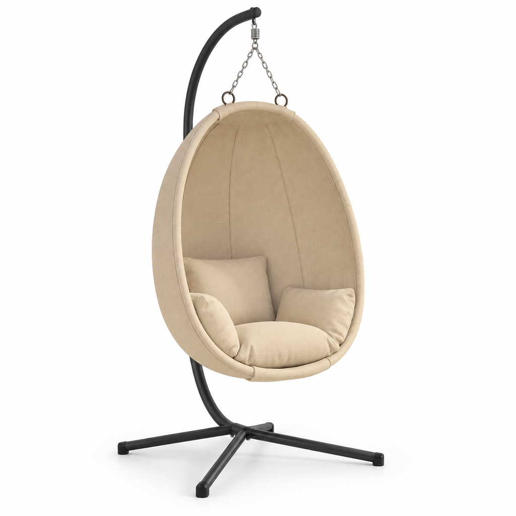 Fauteuil œuf en tissu beige sur pied noir sur fond blanc