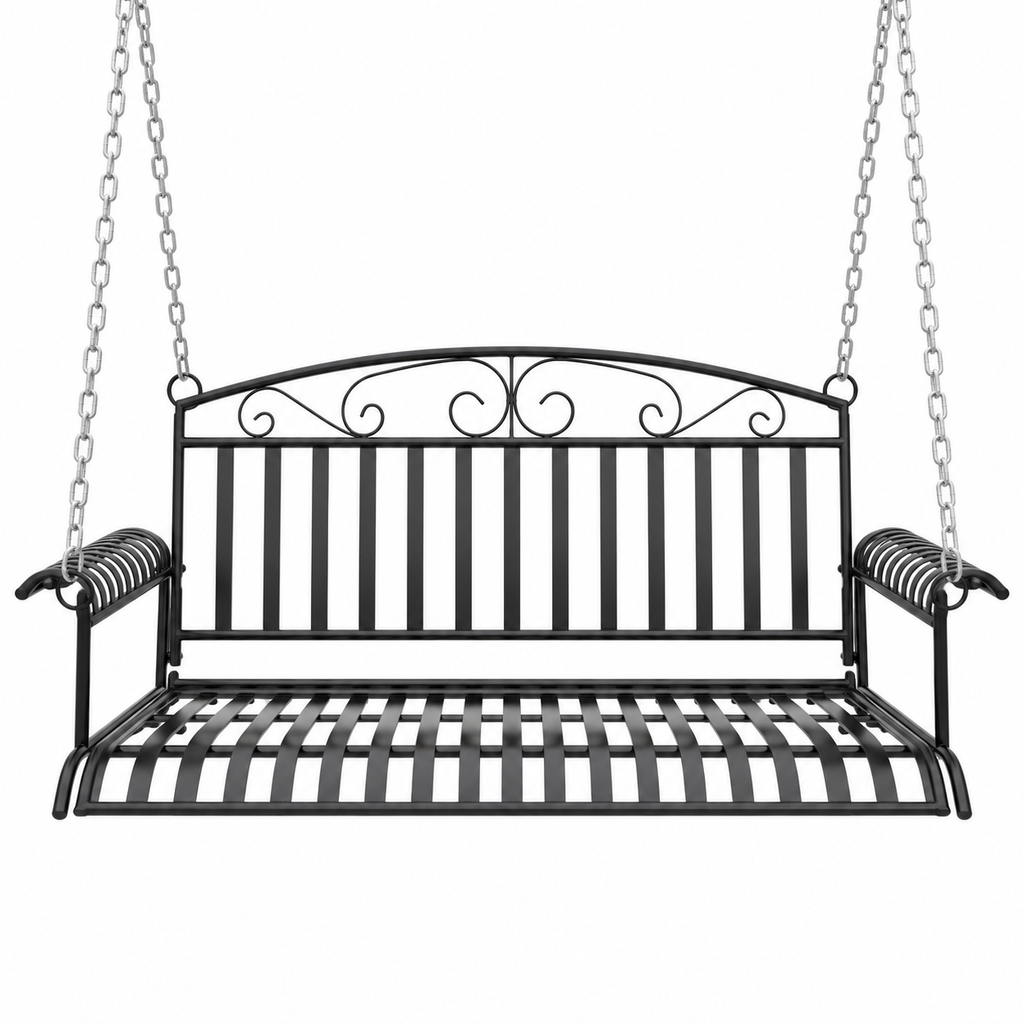 Banc balancelle en métal noir avec chaînes sous un angle complémentaire