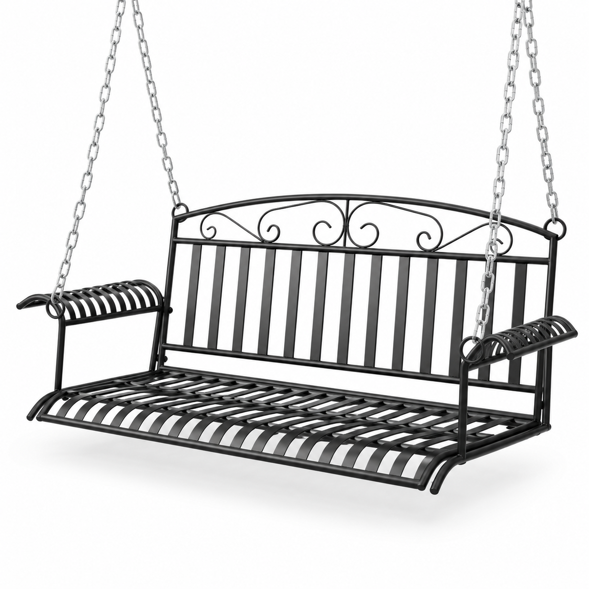 Banc balancelle en métal noir avec chaînes sur fond blanc