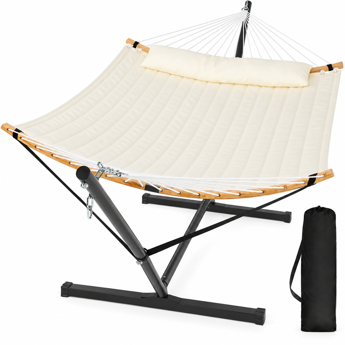 Hamac matelassé blanc cassé avec support acier sous un angle complémentaire