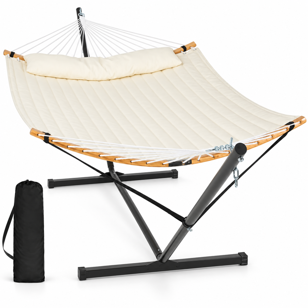 Hamac matelassé blanc cassé avec support acier sur fond blanc