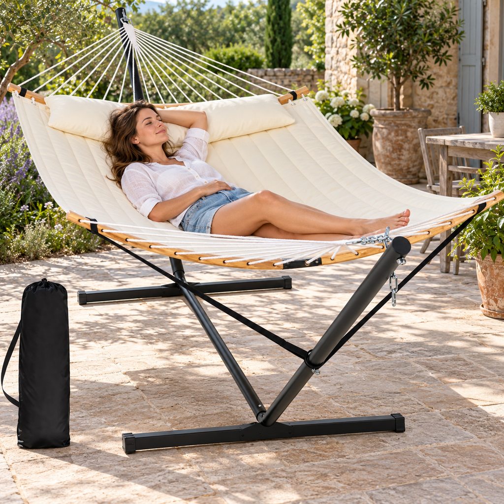 Hamac matelassé blanc cassé avec support acier utilisé par une personne dans un jardin