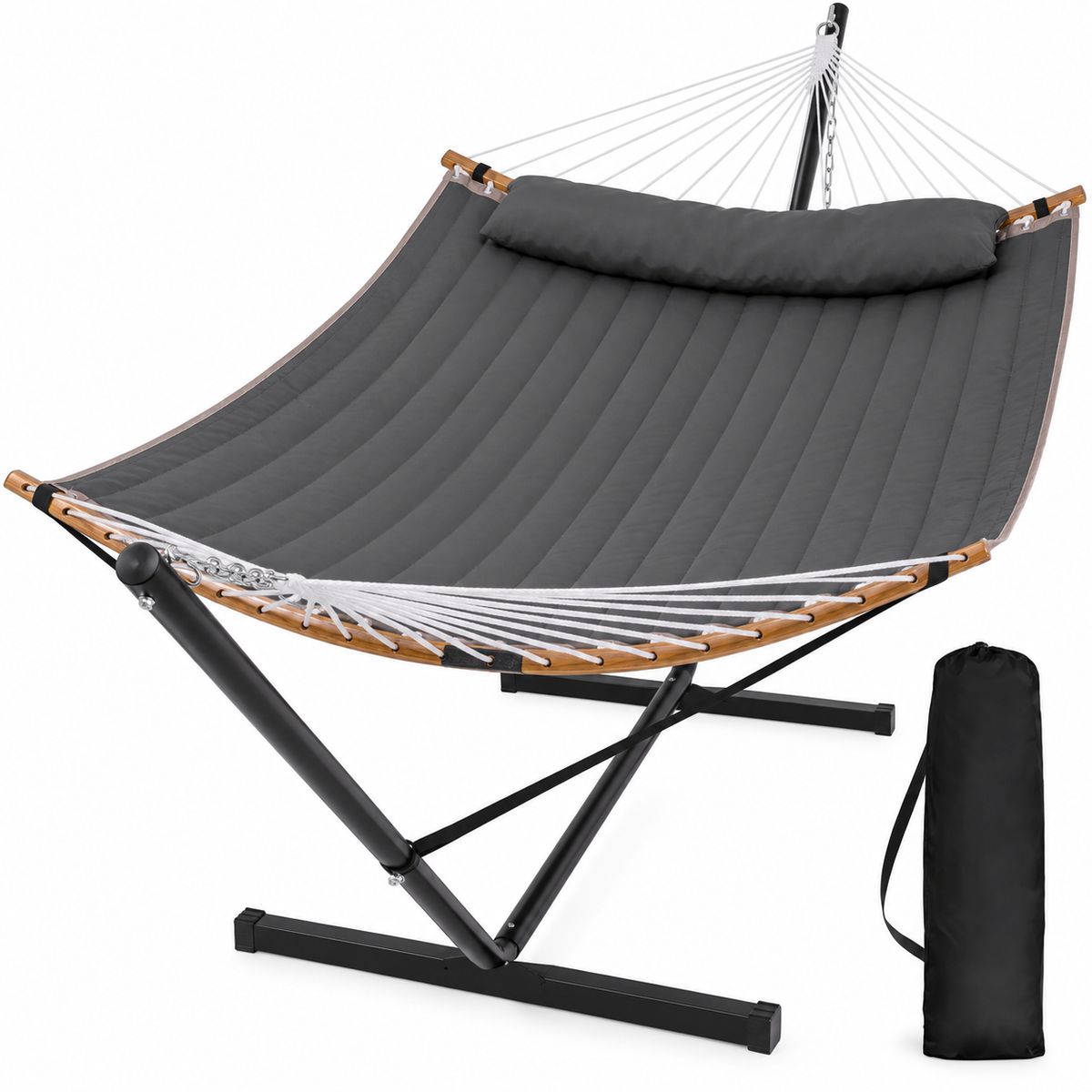 Hamac matelassé gris foncé avec support acier sous un angle complémentaire