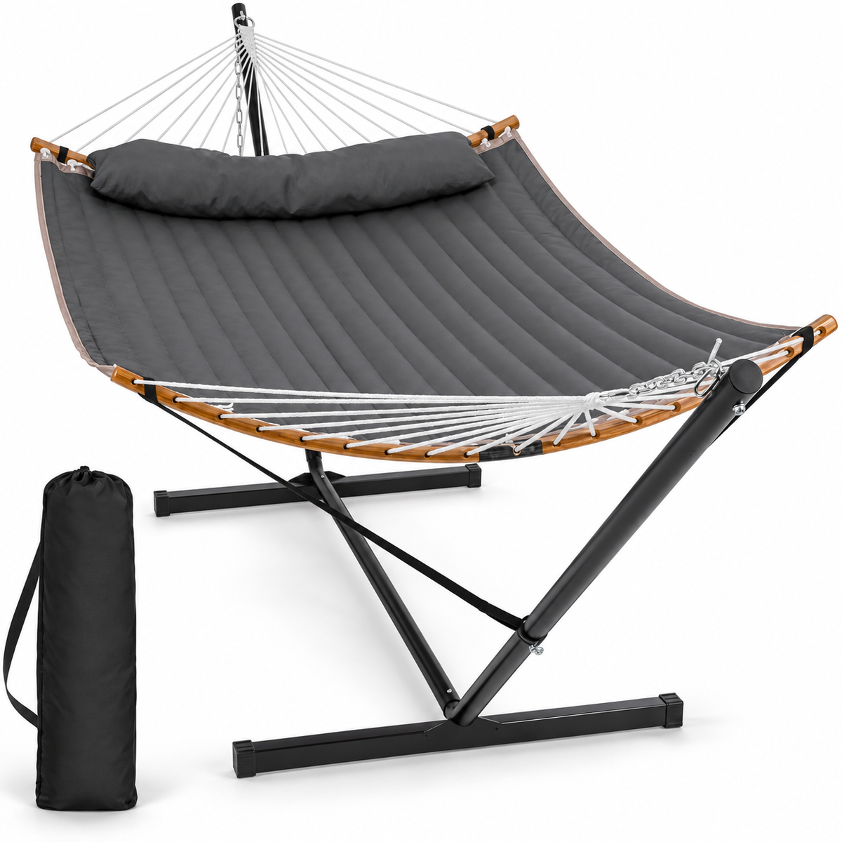 Hamac matelassé gris foncé avec support acier sur fond blanc