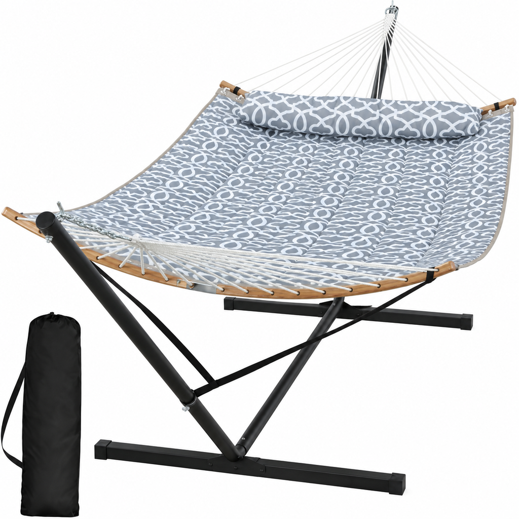 Hamac matelassé gris clair à motif avec support acier sous un angle complémentaire