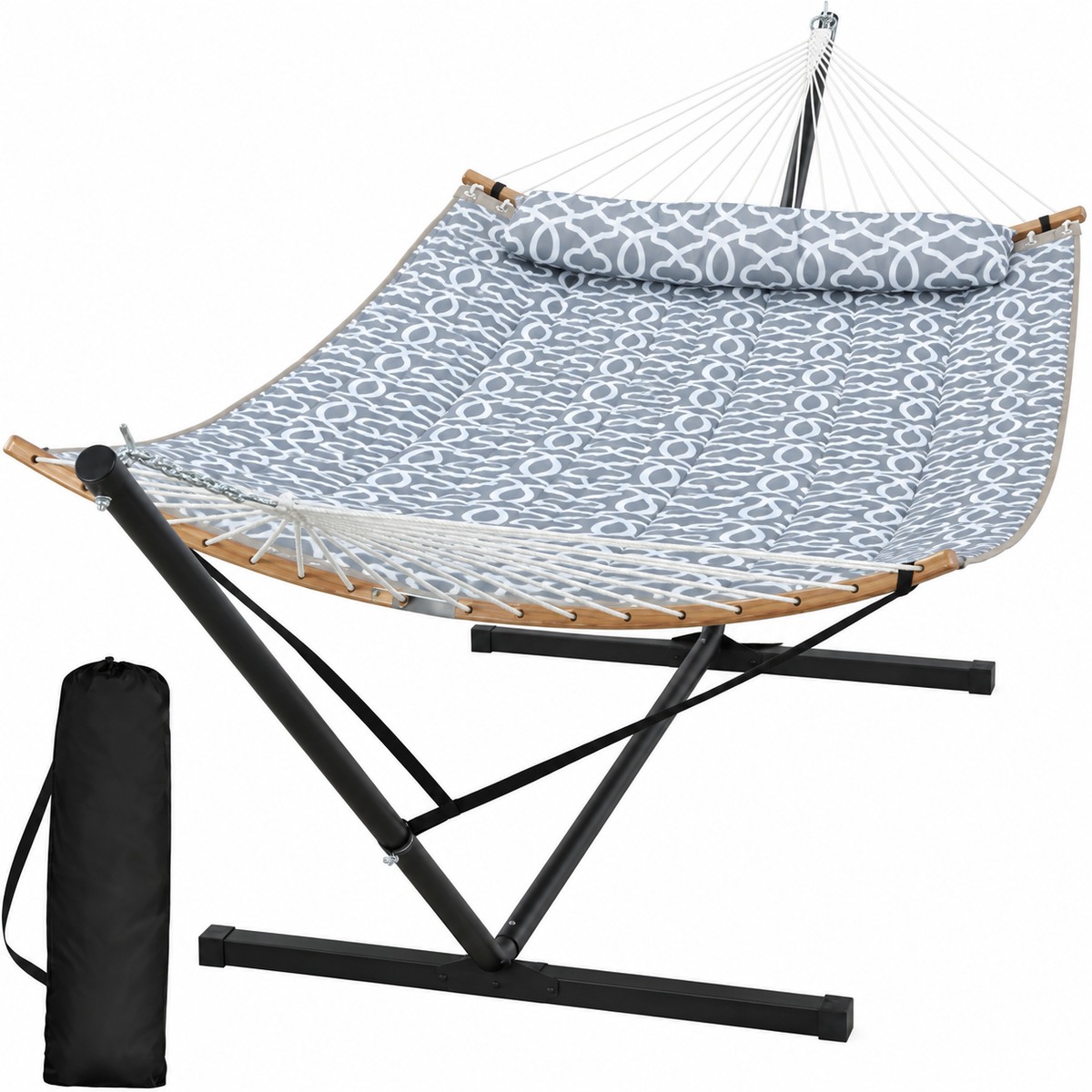 Hamac matelassé gris clair à motif avec support acier sous un angle complémentaire