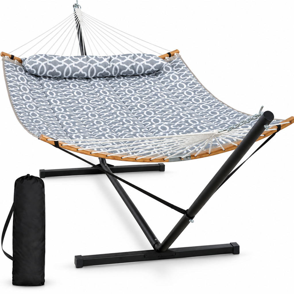 Hamac matelassé gris clair à motif avec support acier sur fond blanc