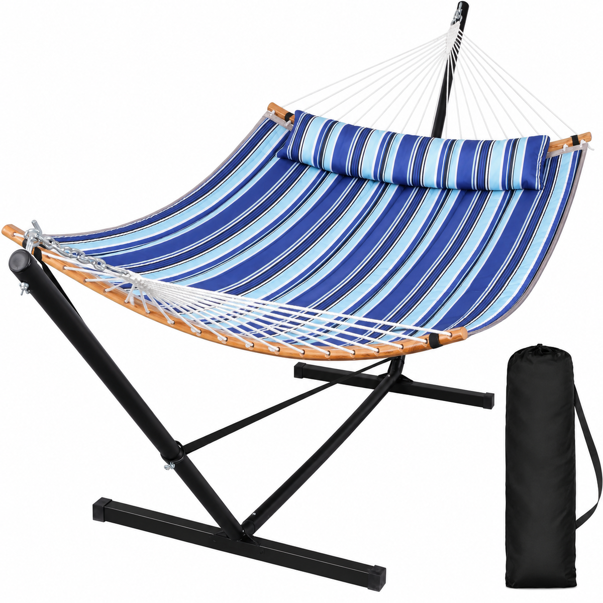 Hamac matelassé rayé bleu foncé avec support acier sous un angle complémentaire