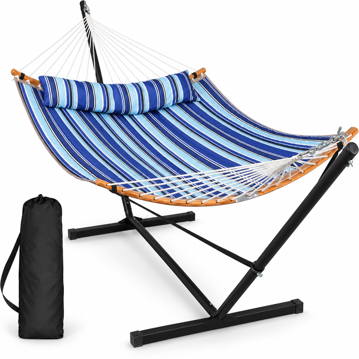Hamac matelassé rayé bleu foncé avec support acier sur fond blanc