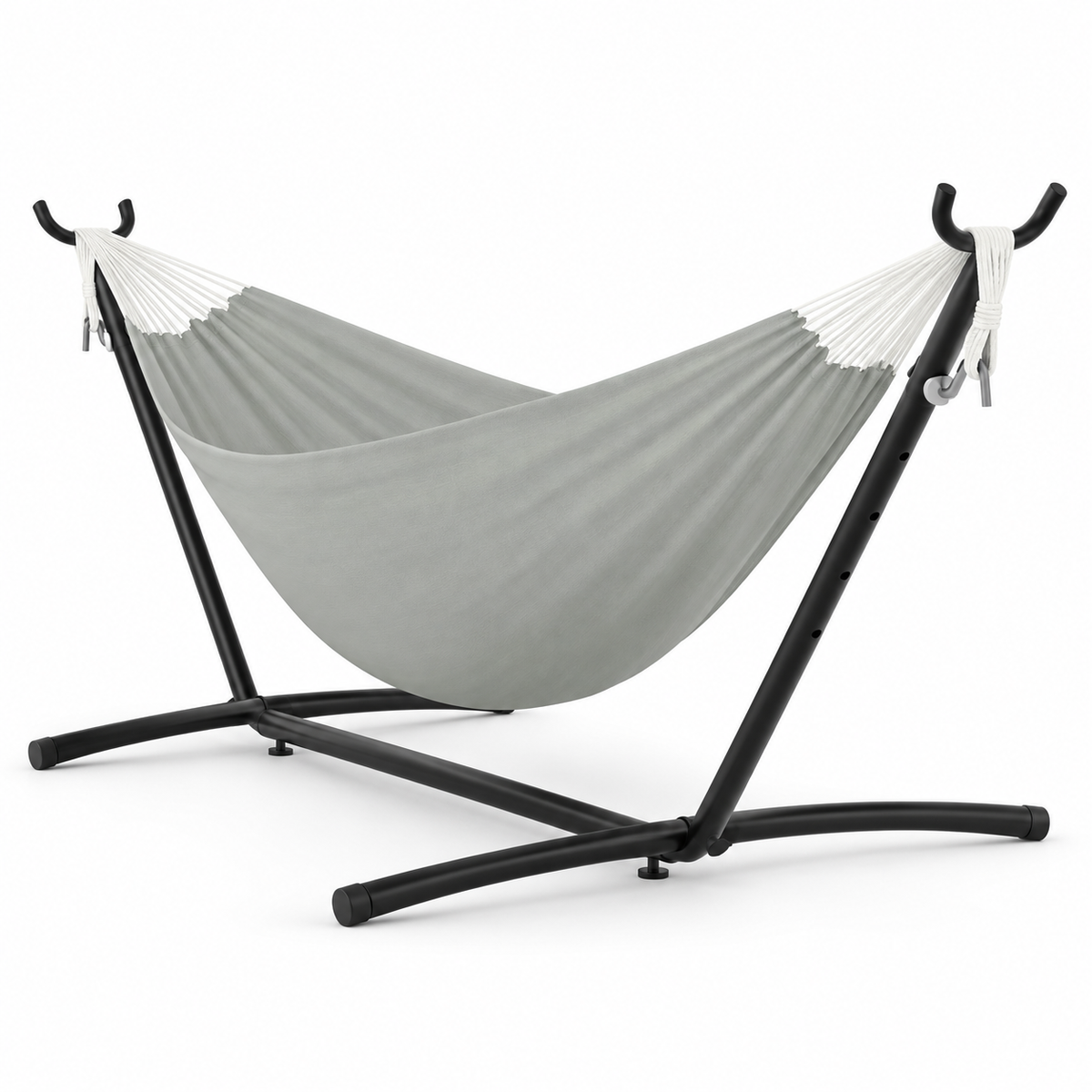 Hamac gris avec support acier noir sur fond blanc