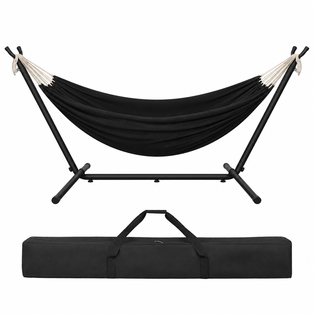 Hamac anthracite avec support noir et sac sous un angle complémentaire