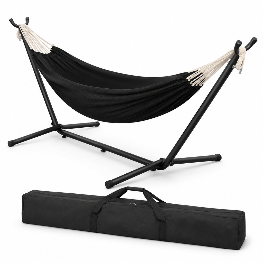 Hamac anthracite avec support noir et sac sur fond blanc