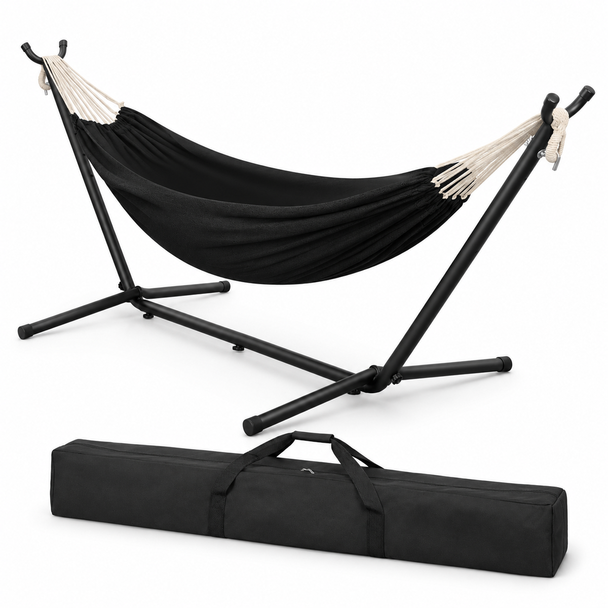 Hamac anthracite avec support noir et sac sur fond blanc