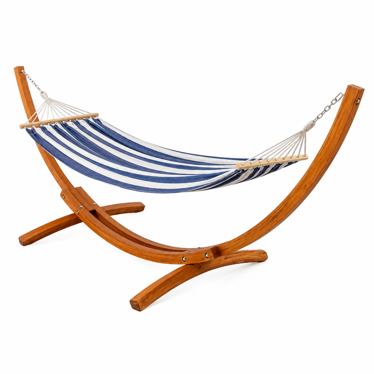 Hamac sur support bois avec la seconde toile rayée bleu et blanc