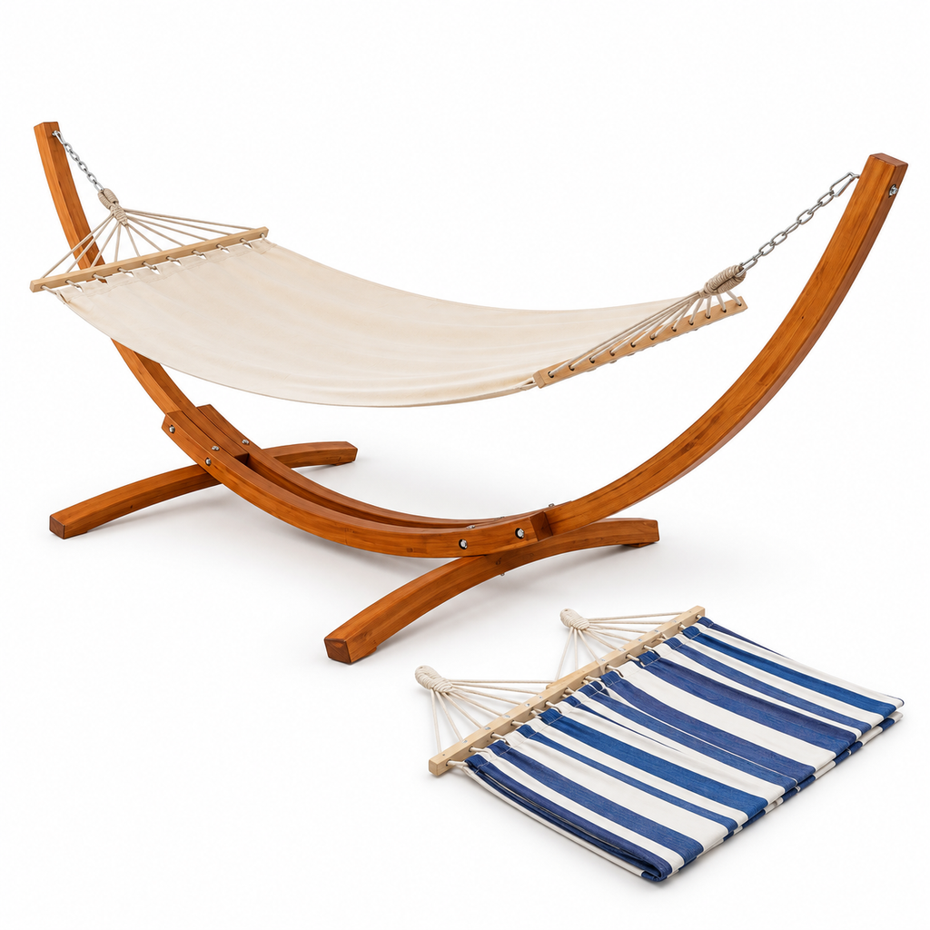 Hamac sur support bois avec deux toiles bleu et blanc sur fond blanc